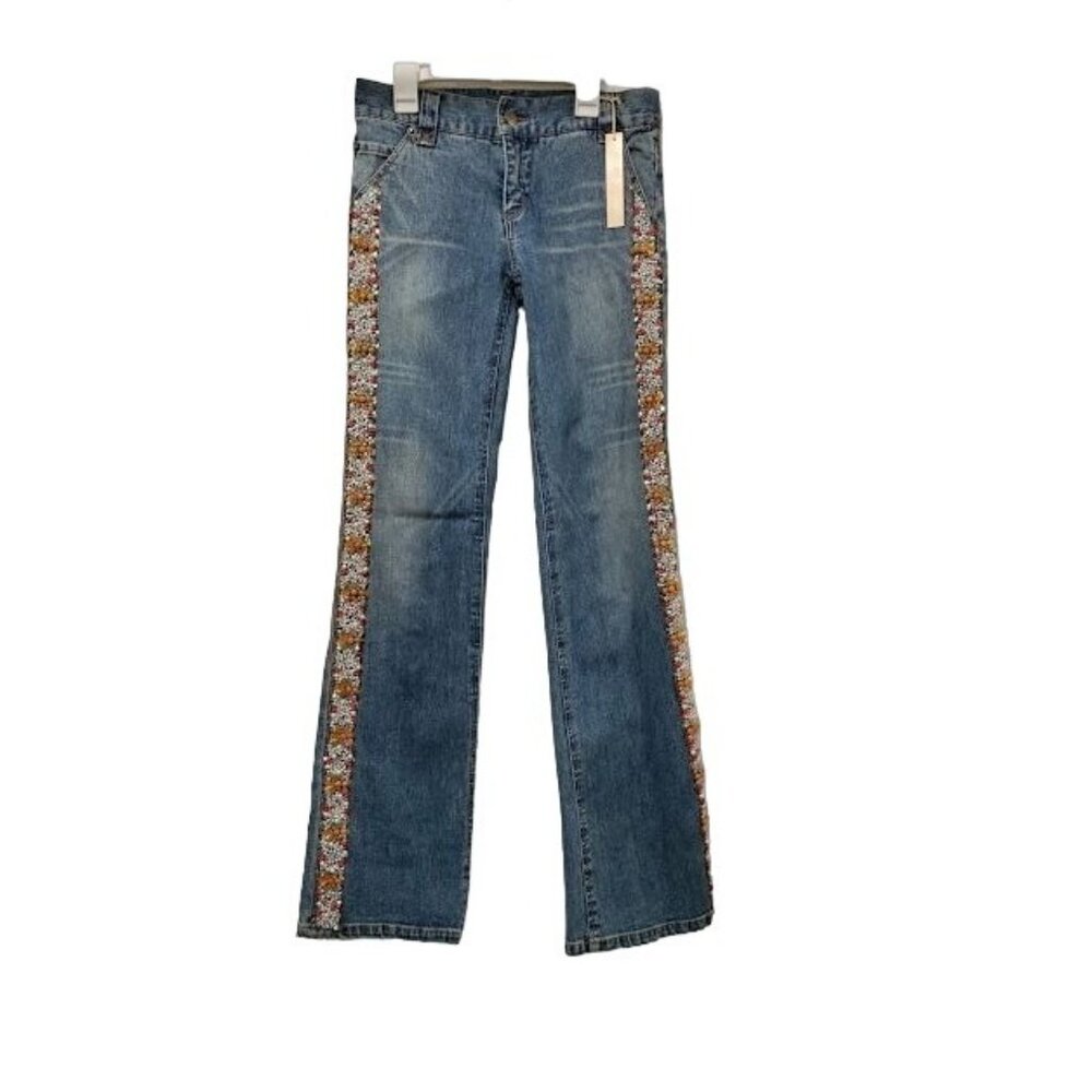 NWT Issue Pants Blue Denim Embroidered Beads Leg Straight Zip Fly Jeans Size 28 - Picture 2 of 16
